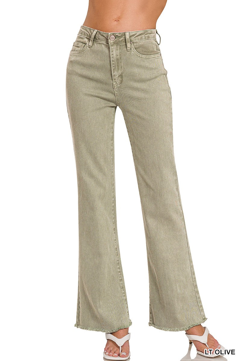 Anna Washed Frayed Hem Jeans / Light Olive