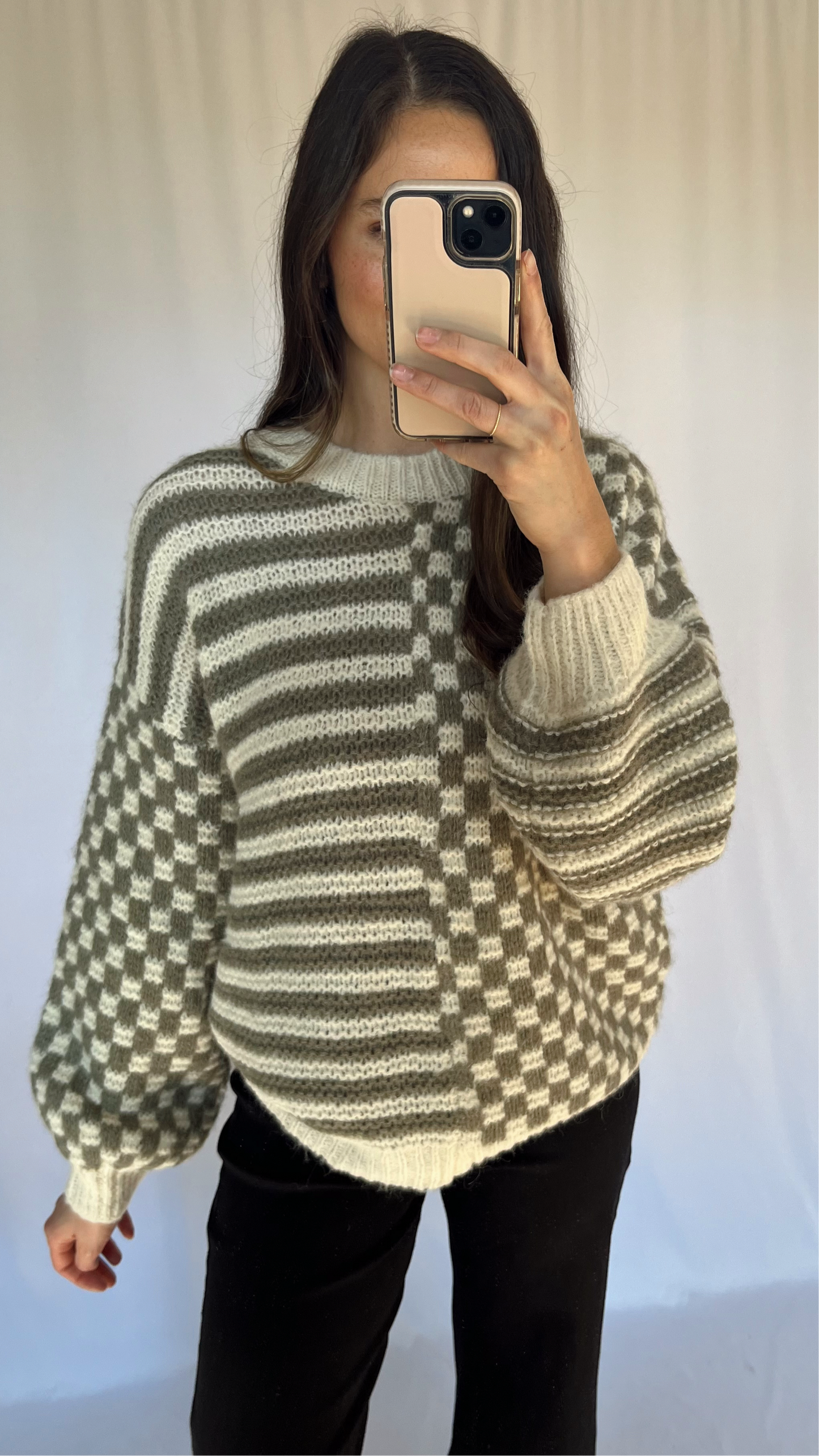 Cozy Stripes & Checks Sweater / Olive