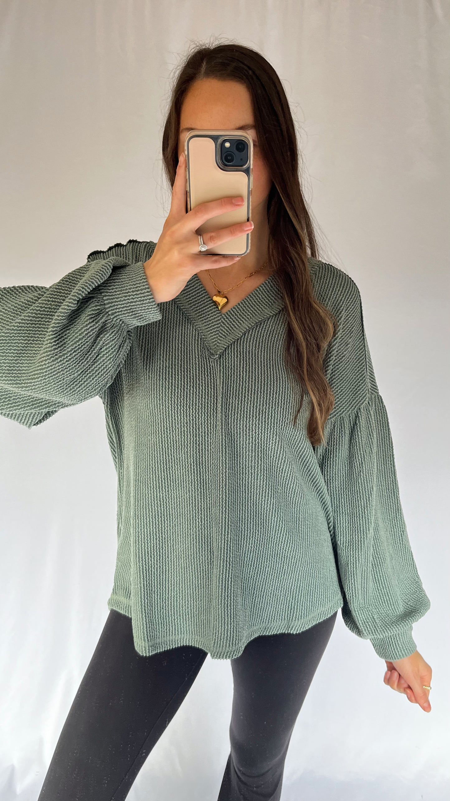 Ribbed V-neck Long Sleeve Top / Green / DOORBUSTER!