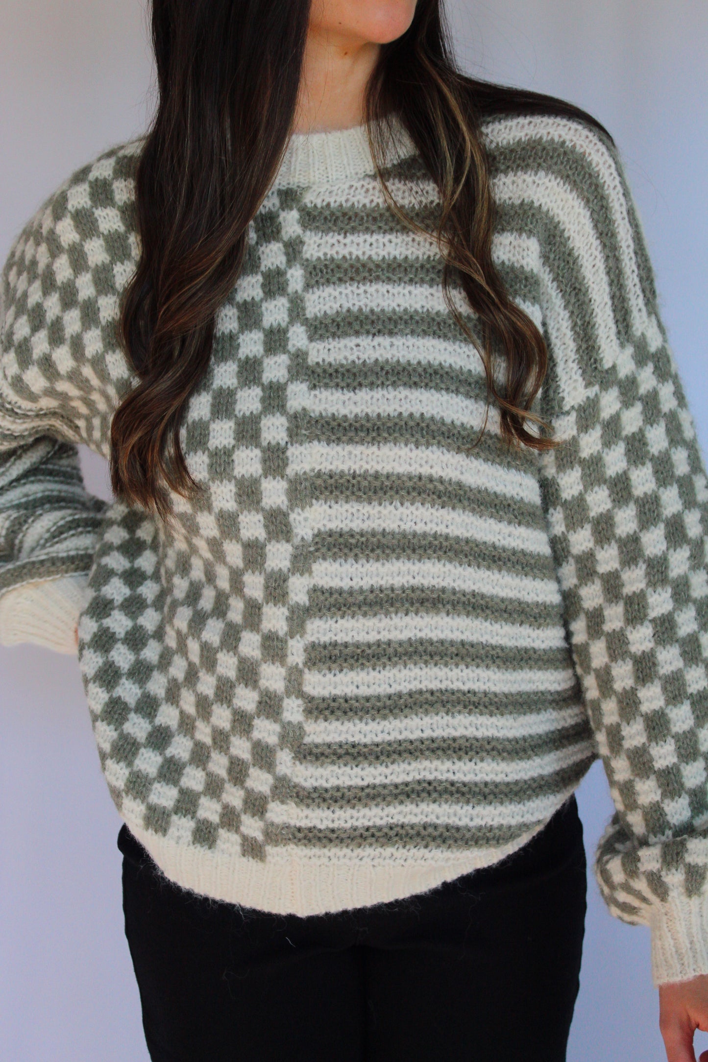 Cozy Stripes & Checks Sweater / Olive